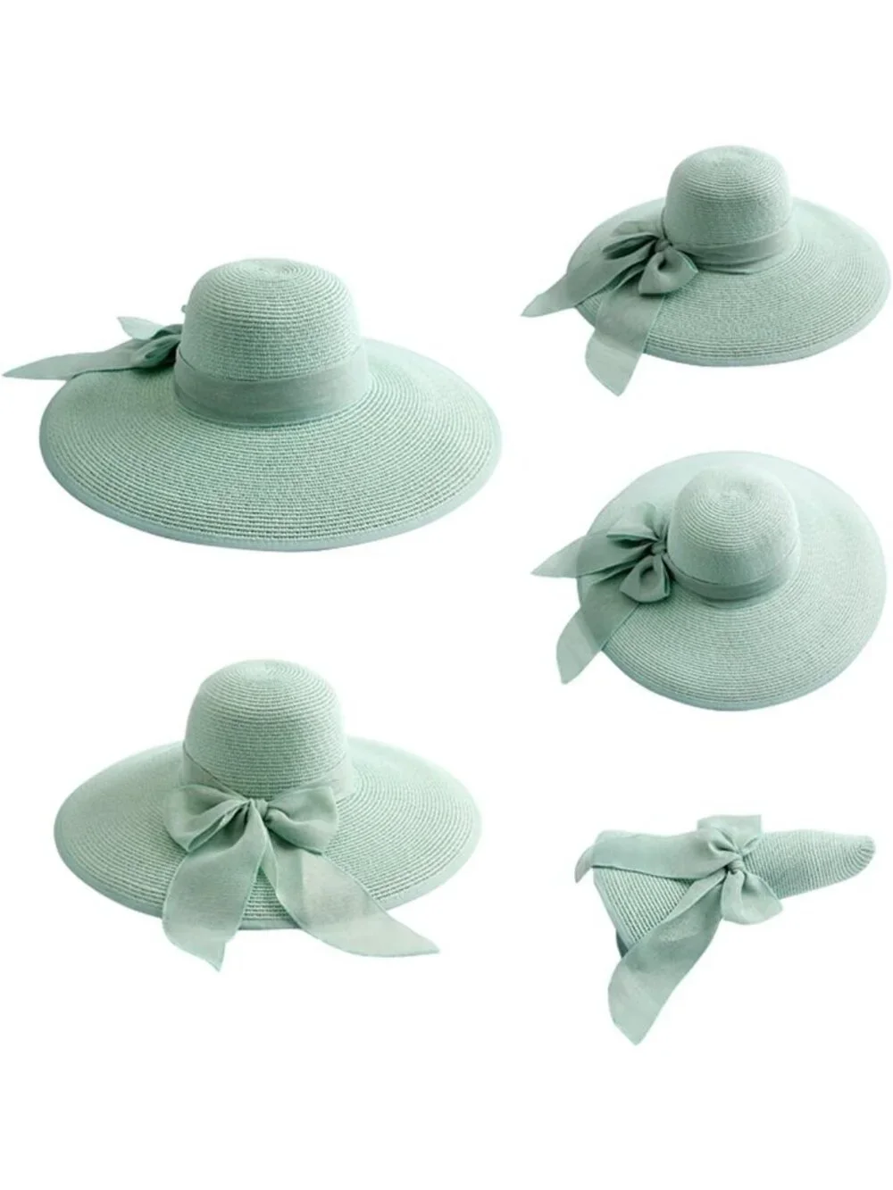 Women's Green 5.7 Inches Big Bowknot Straw Hat Large Floppy Foldable Cap